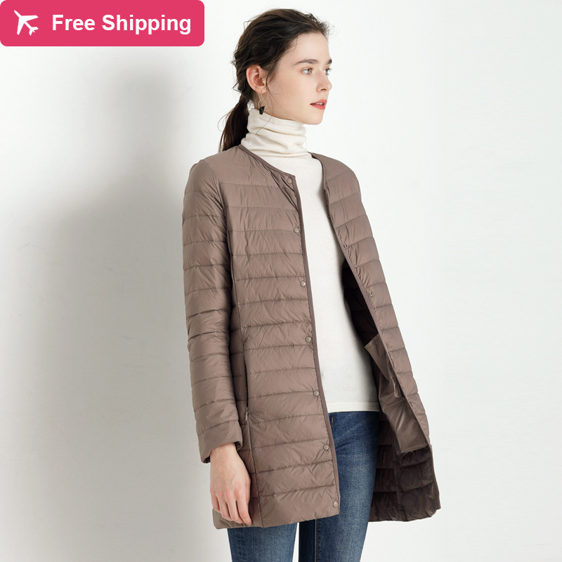 

New winter 2019 woman ultra light jacket white duck down thin coat long neck warm interior clothing more size 4xl, Kaki