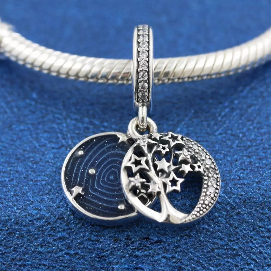 

2021 Winter 925 Sterling Silver Tree & Galaxy Moon Dangle Charm With Enamel Cz Fits European Pandora Jewelry Charm Bracelets, Black