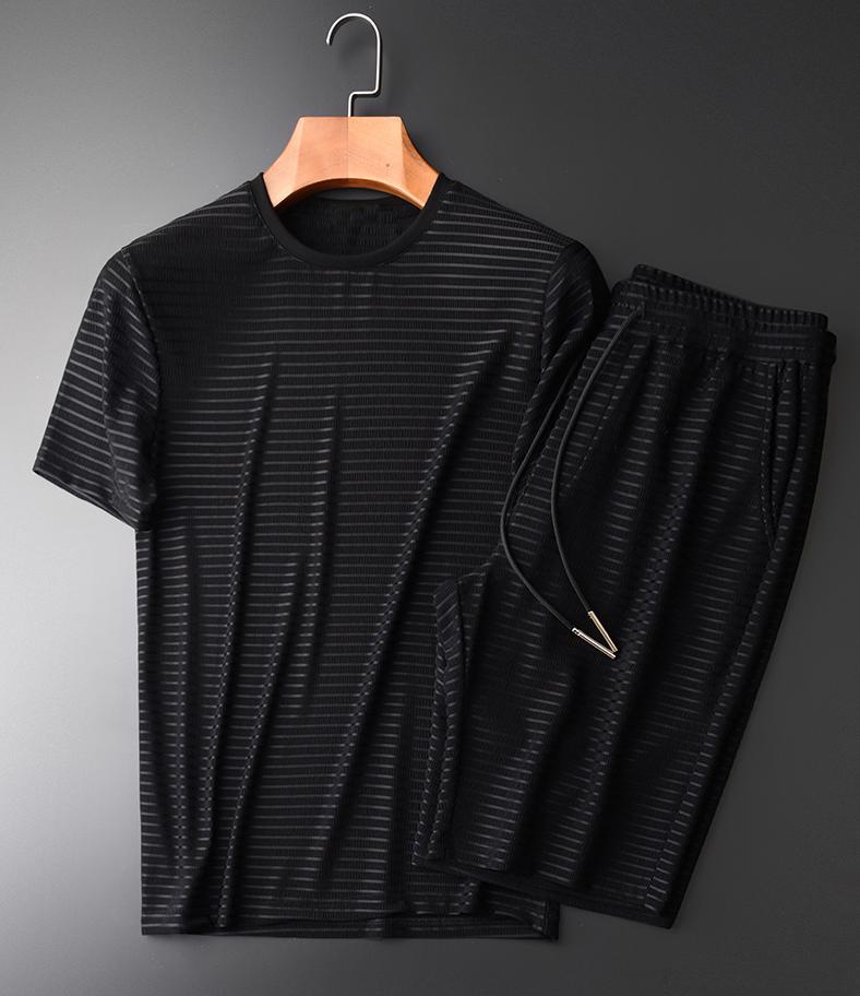 

Minglu Summer Male Sets (T-SHIRTS+SHORTS) Plus Size 4XL Luxury Thin Stripes Short Sleeve Mans Sets Slim Mens Sets With Shorts X0124, Gray