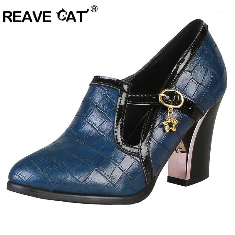 

REAVE CAT Shoes woman High heel Women's pumps Hoof heel Round toe Buckle Metal decoration Crocodile pattern Big size 31-48 A19121, Blue