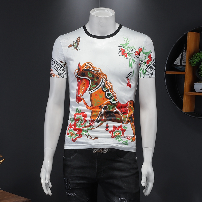 

2022 summer new casual shortsleeved tshirt printing trend cotton tops slim round neck clothes for men, White
