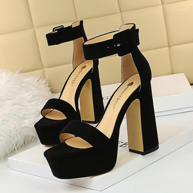 

kmeioo fashion party shoes woman platform sandals ankle strap chunky heels women buckle strap block heels1, Black