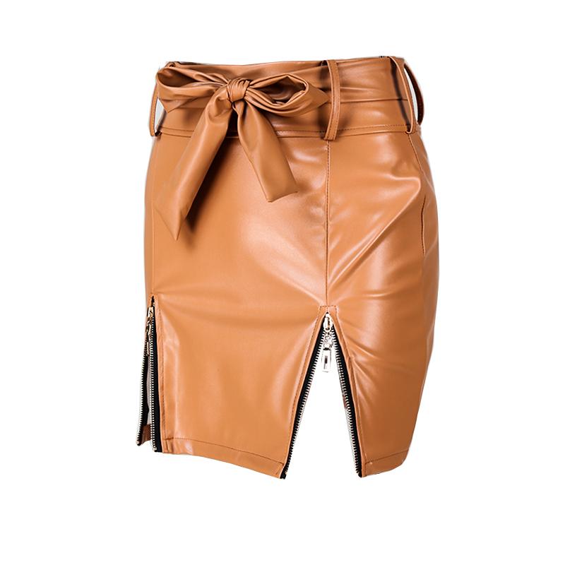 

2020 Women Fashion Sexy Bodycon Skirt Slim Fit High Waist Zipper Design Pu Skirt, Khaki