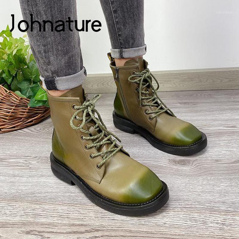 

Johnature Women Boots 2020 New Winter Women Shoes Genuine Leather Lace-up Round Toe Flat With Zip Handmade Ankle Platform Boots1, Black
