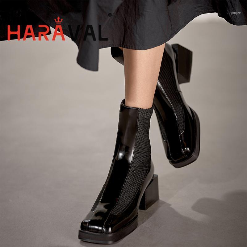 

HARAVAL Women Black Ankle Boots Stretch Elastic Leather Fashion Shoes Lady Square Toe Heels Elegant Waterproof Boots E78L1