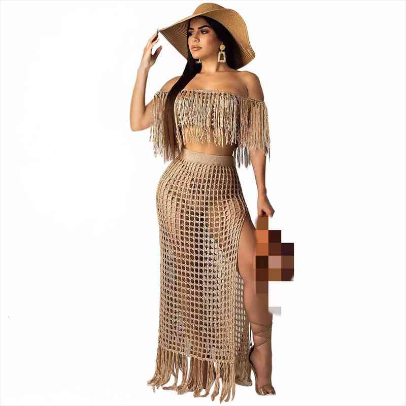 

Casual Women Knitted Set Slash Neck Cover Ups Slit Skirt Tassel Crocheted 2 Pieces Set Hollow Out Crochet Wear, White