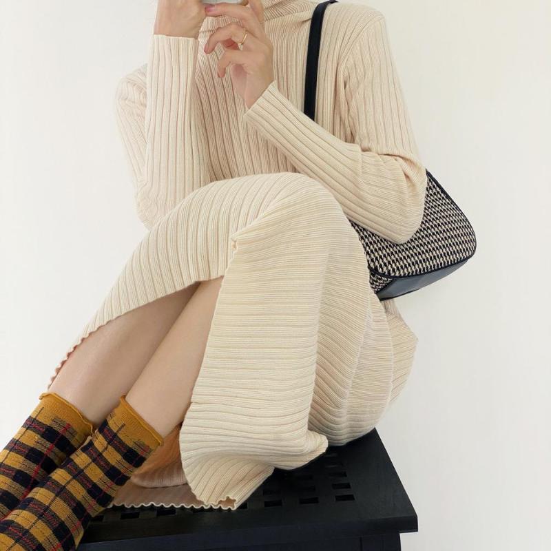 

Heavy padded mid-length over-the-knee sweater DRESS women' half high neck knit bottoming 2020 autumn and winter XS2027, Beige
