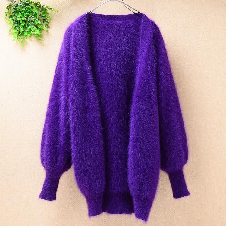 

Ladies women spring autumn long fashion fur loose lantern long-sleeves hand knitted mink cashmere sweater coat cardigans, Green