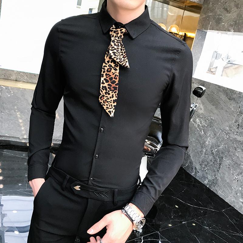 

Gzdeerax Solid Color Mens Shirts Luxury Long Sleeve Mens Dress Shirts Plus Size 5xl Slim Male Shirt Gift Leopard Print Scarves, Black