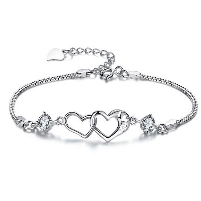 

Double Heart Twine Charms Bracelet White Crystal Bracelets & Bangles For Women Silver color plated Jewelry Bileklik Pulseira