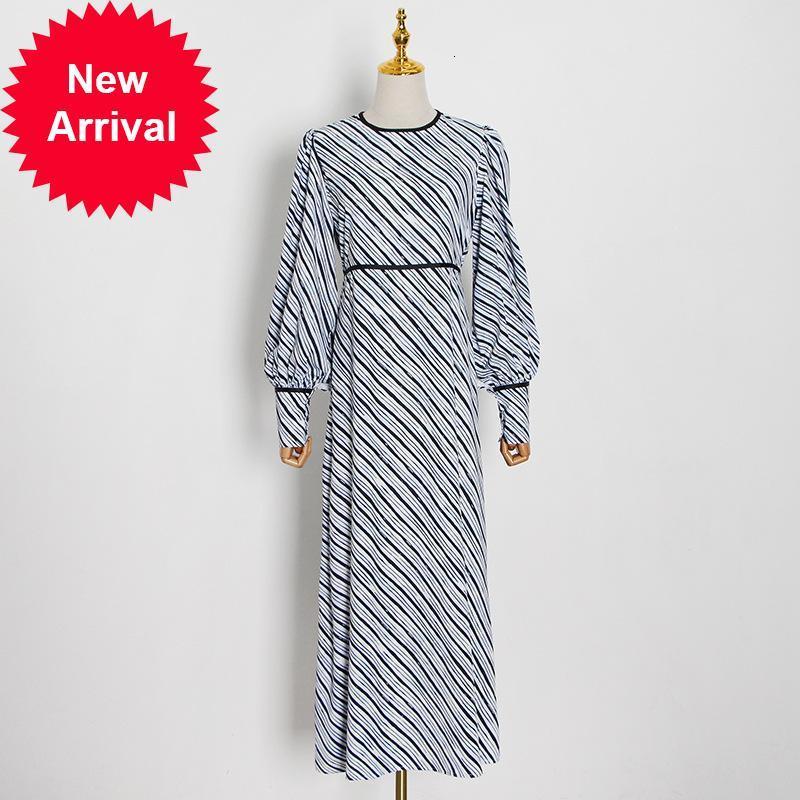 

New Women 2021 of Vintage Luxo in Holiday Autumn Tarja Ocasional Party Finest Counter Neck Lantern Dressed Long New RNXQ, Blue