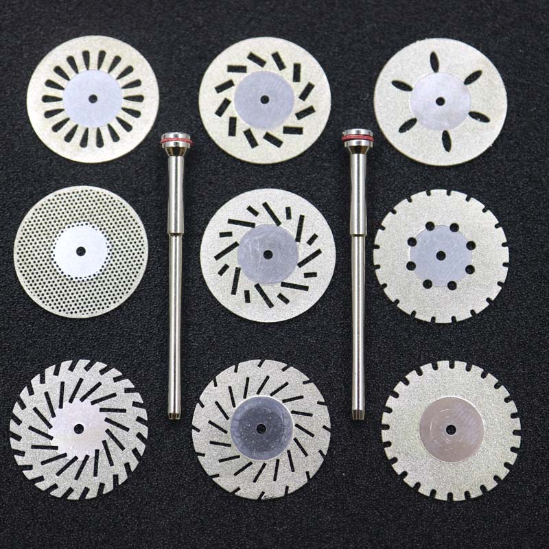 

9pcs Dental lab 0.20mm Double Sided Diamond Cutting Disc for separating polishing ceramic crown plaster or jade with 2 mandrels