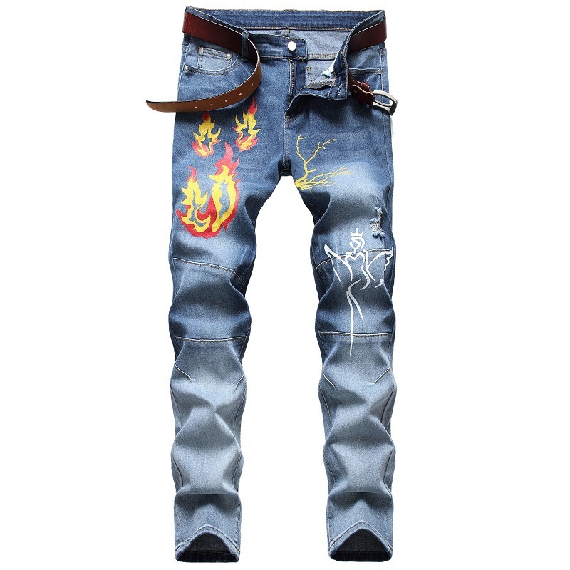 

New Hip Hop Design Brand Print Jeans for Men's Straight 2021 Fashion Hole Ripped Distressed Moto Bike Vintage Jean Plus Size Kjve, 928 1