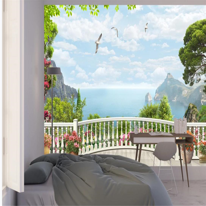 

European and American three-dimensional sea landscape wallpapers background wall decoration painting 3d landscape wallpaper, Green