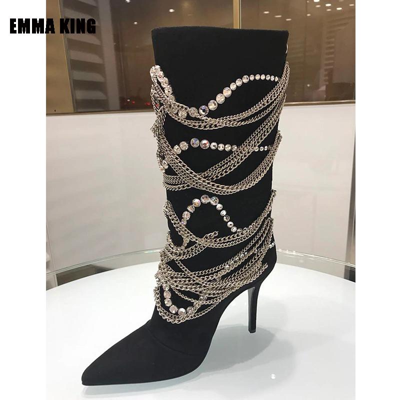 

Women Spring Over The Knee Boots Sliver Chain Decor Long Boots Round Rivet Pointed Toe Shoes Thin High Heel Women 2021, As pic