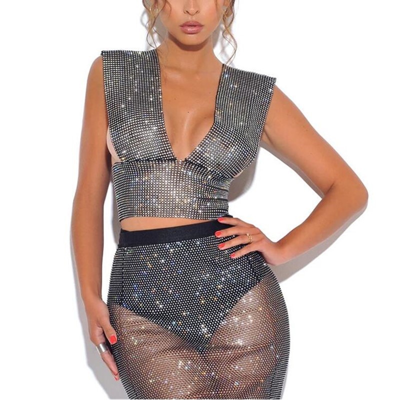 

2021 New Glitter Rhinestones Grade 2 Piece Sexy Outfits Deep Sequins Upper Waist Elastic Female Nightclub Skirts Show Costumes Q2DT, Red