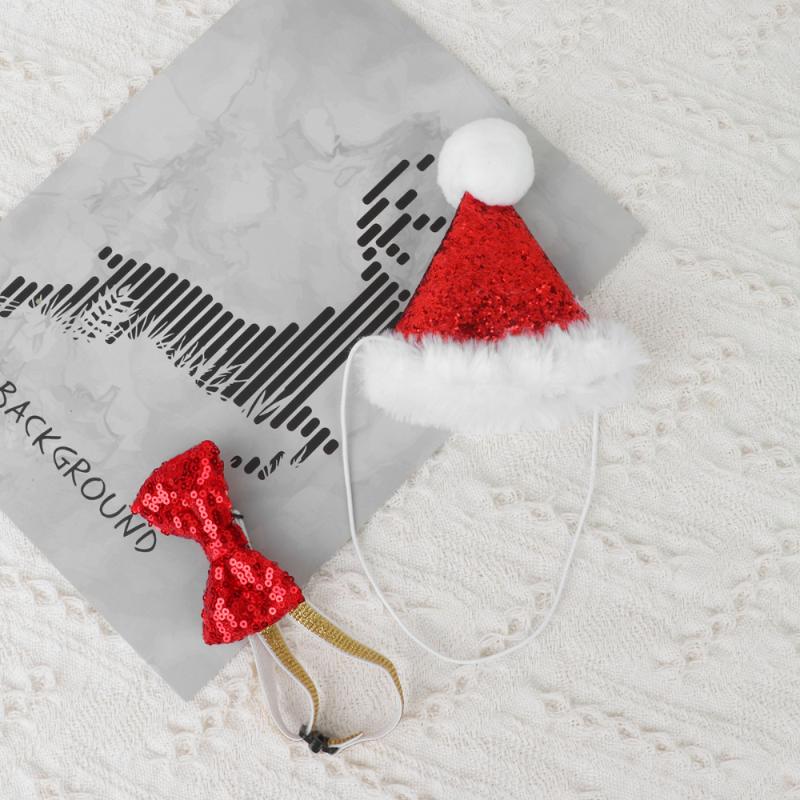

2pcs Pet Christmas Costumes Adjustable Christmas Bow Tie and Hat Cosplay Costume Adorable Headwear for Cats Dogs (Triangular Cap, Red