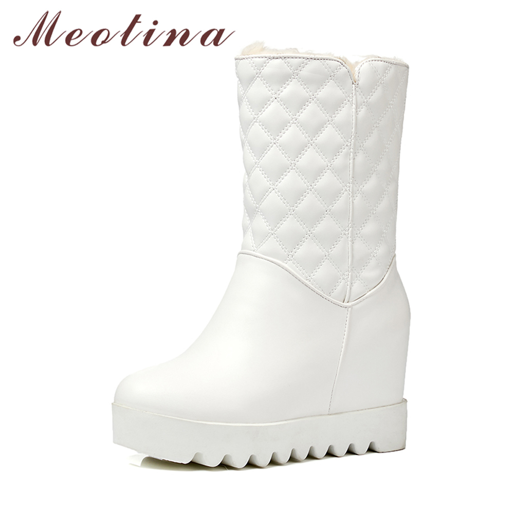 

Hot Sale Meotina Winter Women Fur Snow Boots Shoes Platform Wedge Heel Boots Plush Warm Mid Calf Boots Plaid High Heel Footwear White, Black