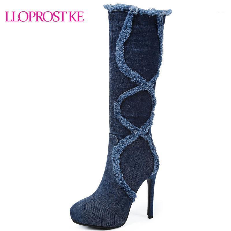 

Lloprost ke New Black Blue Fashion Knee High Boots Female Denim Thin High Heel Motorcycle Boots Side Zipper Shoes Woman D3231