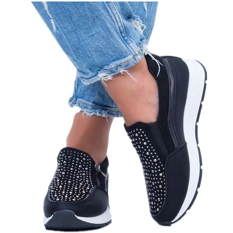 

Fashion Sneakers Women Casual Shoes Thick Sole Rhinestone Women Flats Plus Size 42 Black White Pink Female Footwear A2982 #KF2r