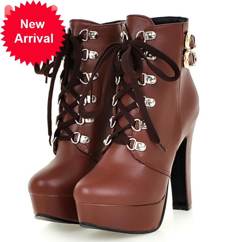 

Top quality female round toe high heels shoes double buckle platform short sexy booties size 33-43, Black