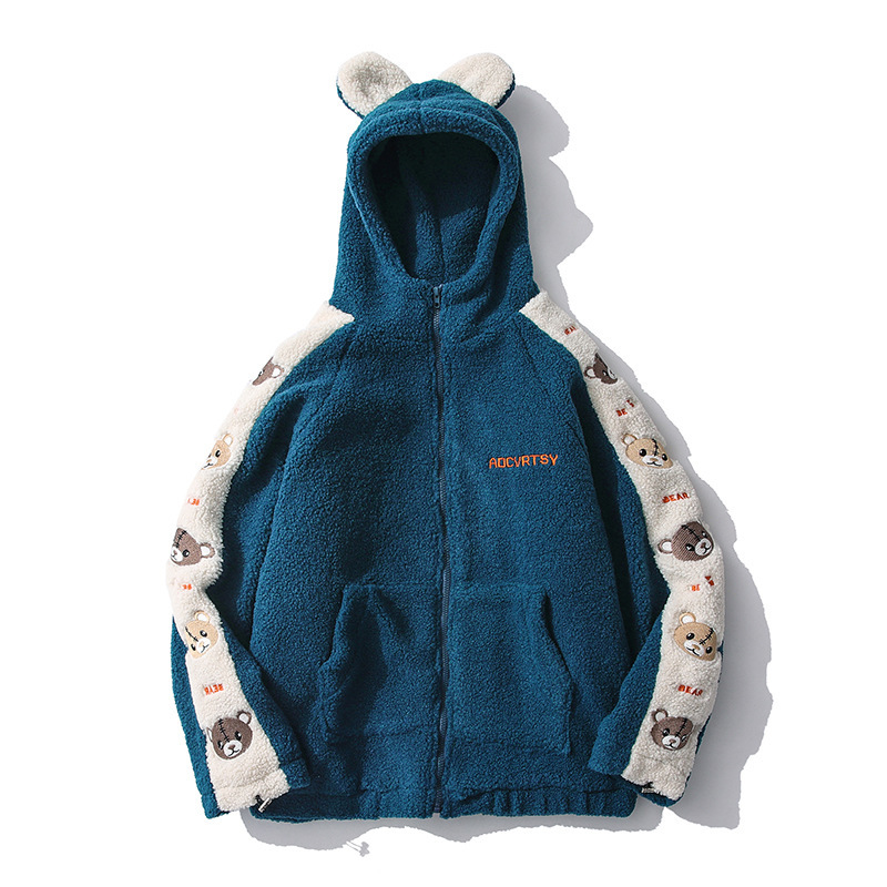 

2020 Men's Wool Stuffed Bear Thick Male Women's Streetwear Hip Jacket 7pas, Black