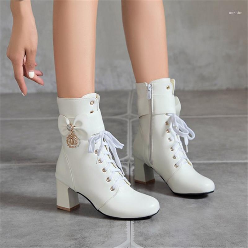 

PXELENA Grace Crystal Butterfly-knot Bride Wedding Boots Women White Pink Black Block High Heels Shoes Autumn 2020 Plus Size 431