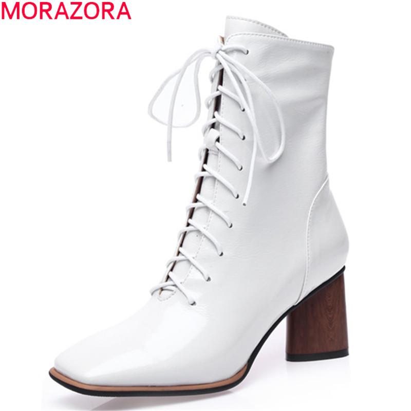 

MORAZORA 2020 New arrival autumn winter women boots genuine leather ankle boots thick heels square toe lace up party shoes, Black