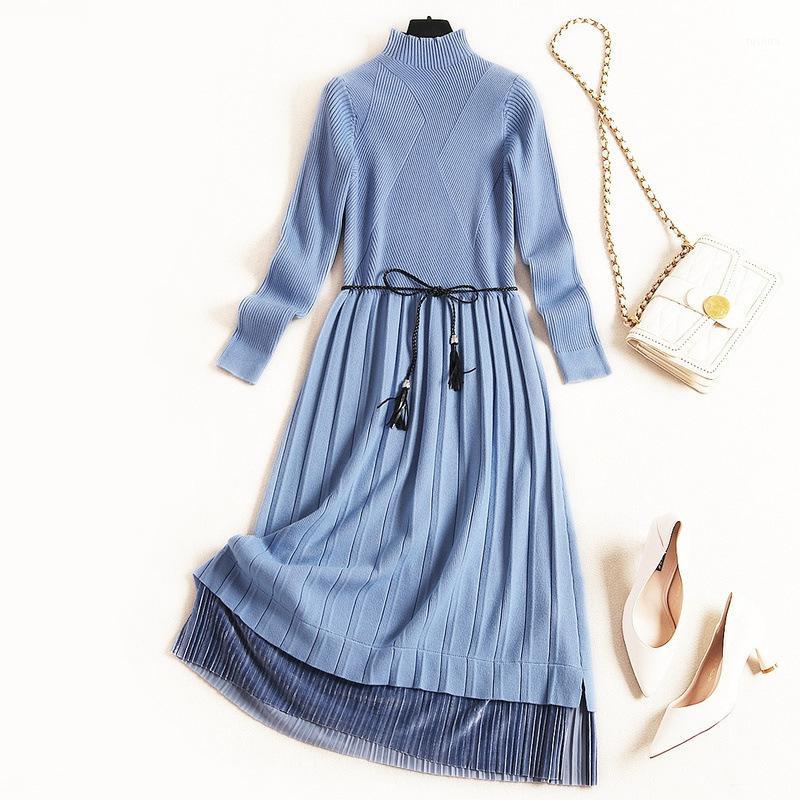 

European Style 2020 Winter Fashion Plus Size Striped Turtleneck Velvet Stitching Long Sleeve Lace Sashes Women Knit Dress1, Black