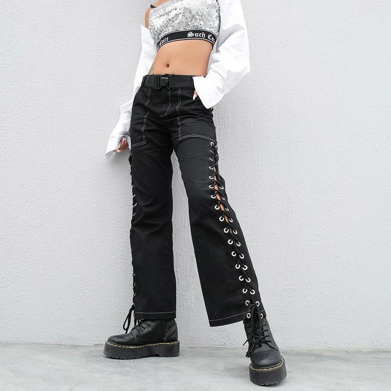 

Harajuku Punk Cargo Pants Women Holes Side Straight Woman Pants Casual High Waist Ladies Trousers Streetwear Cotton1, Black