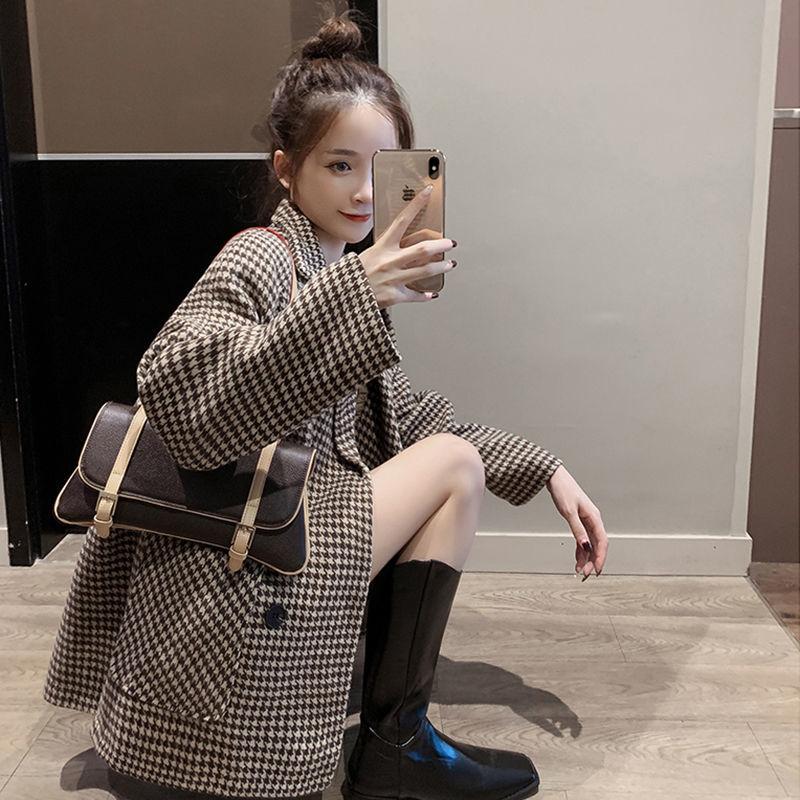

New Autumn Winter Plaid Faux Lamb Fur Parka Wool Coat Women Jacket Women' Female Overcoat Outerwear Coats Tweed Female, Black