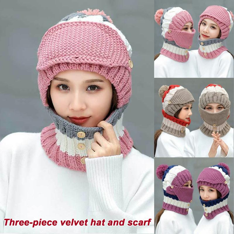 

Winter Mask Hat Scarf Set Thick Warm Women Winter Accessories Fleece Inside Knitted Hat Scarf 3pcs Riding Face Cover Caps, Khaki