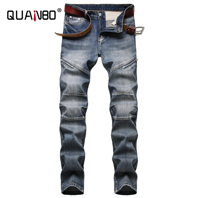 

QUANBO Men's Ripped Slim Straight Fit Moto Biker Jeans with Zipper Deco Fashion Streetwear Vintage Jeans Plus Size 40 42, Blue