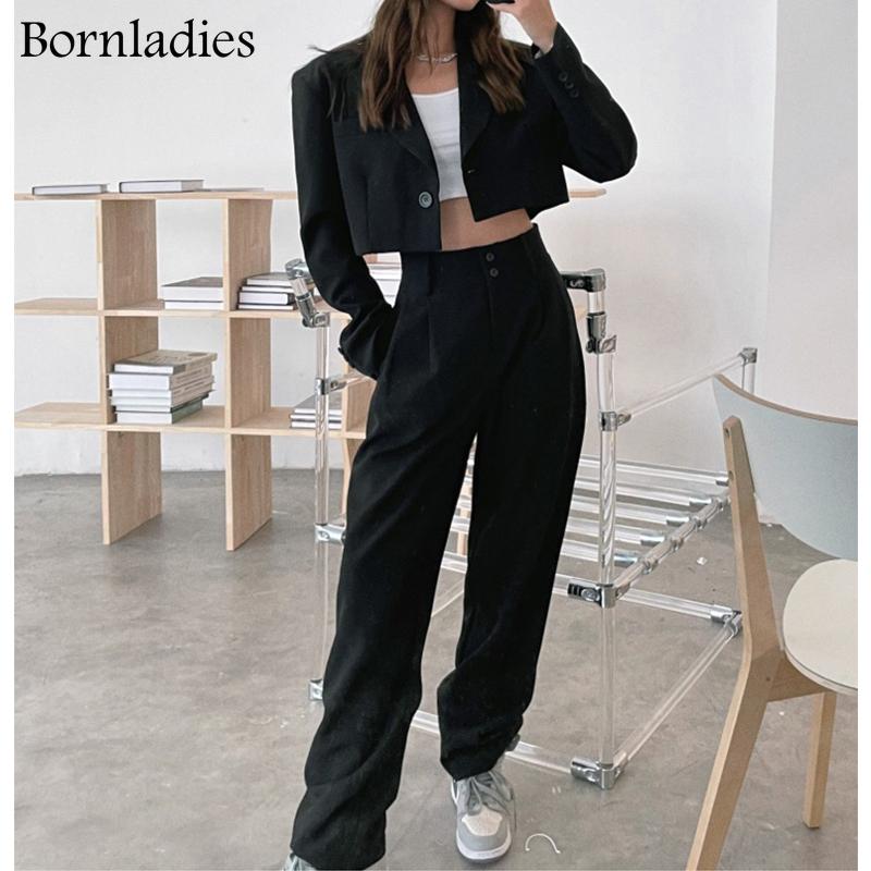 

Women's Two Piece Pants Bornladies Autumn Sets Korean Fashion Blazer Suits Women Crop Coat And Pant Long Sleeve Ensemble 2 Pieces Outfit, White