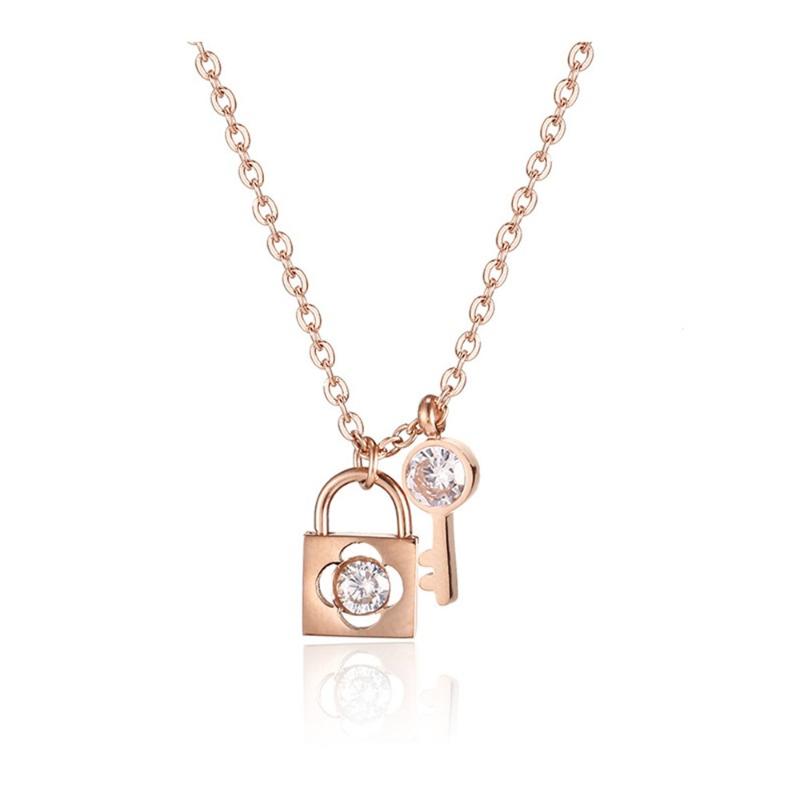 

Rose gold Stainless Steel Lock Key Pendant Necklace Zircon Crystal Fashion Jewelry for Women Girls