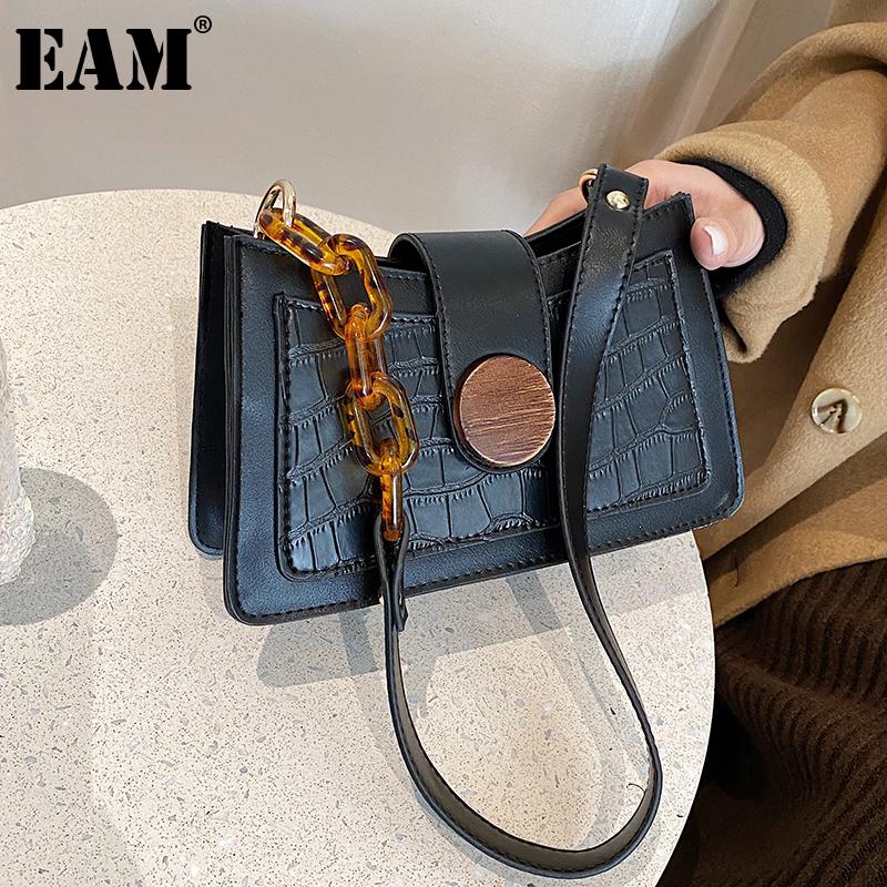 

[EAM] Women New brown Acrylic Chains PU Leather Flap Personality All-match Crossbody Shoulder Bag Fashion Tide 2021 18A0669, Black