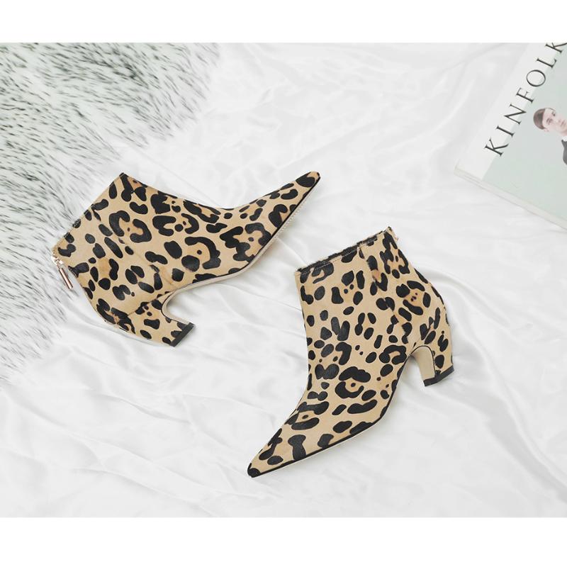 

Leopard Ankle Boots For Women Sexy Pointed Toe Horsehair Leather Back Zip Short Autumn Winter Plush Boots Low Heel Short, Black