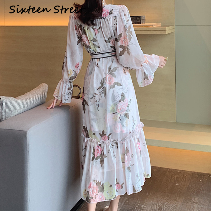 

Flashly Sleeved Sleeve Bands Dressed As Woman 2021 Autumn with v Single-breasted Floral Neckline Printed Vintage Dress Track Women 20v6, The picture
