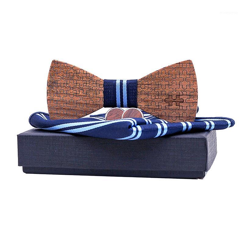 

dropshipping high end luxury bowtie men blue strip square scarf cufflinks shirt wood bow tie set with gift box1