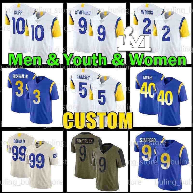 

99 Aaron Donald Jersey 3 Odell Beckham Jr 12 Van Jefferson Matthew Stafford Jalen Ramsey Cooper Kupp RamsSony Michel Woods Andrew Whitworth Matt Gay Johnny Hekker, Custom men jersey(g y)+lvi patch