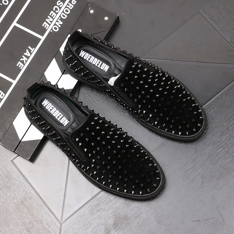 

Fashions of Men's Luxury Punk Night Club Wear Leather Summer Breathable Sliding-into Rivets Shoes Platform Moccasins Man Rbyy, Black