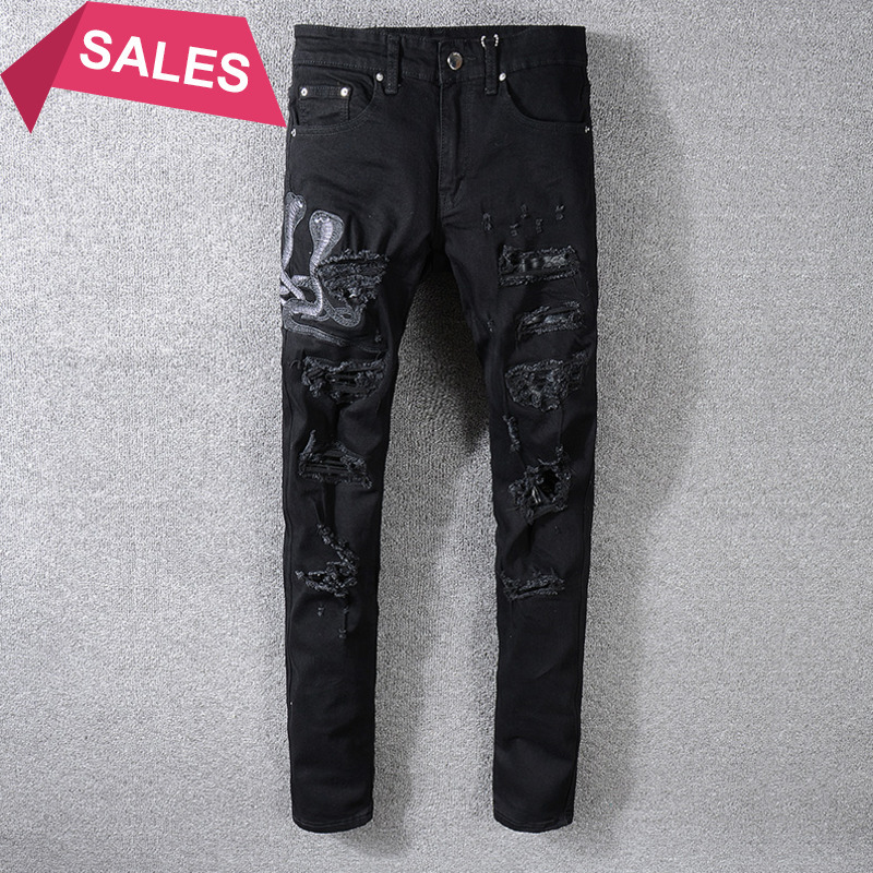 

Pantalon Homme Men's Black Snake Embroidered Skinny Ripped Jeans Streetwear Holes High Quality Patchwork Stretch Denim Pants