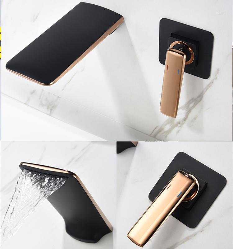 

Quality Brass Wall-mounted Bathtub Faucet Wash Basin Mixer Rose Gold and Black Waterfall Faucet Single Handle1
