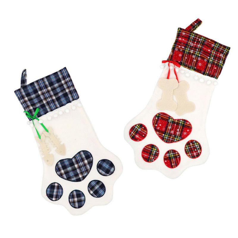 

Christmas Stocking Pet Dog Plaid Gift Bag Animal Stocking Candy Bags Socks Xmas Tree Hanging Pendant Christmas Decor