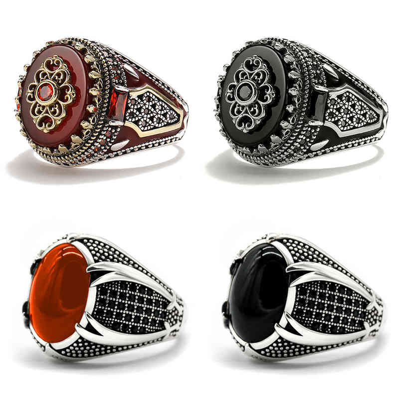 

Retro Handmade Islamic Men Ring Vintage Turkish Double Swords Black Red Cz Stone Punk Trendy Religious Muslim Jewelry
