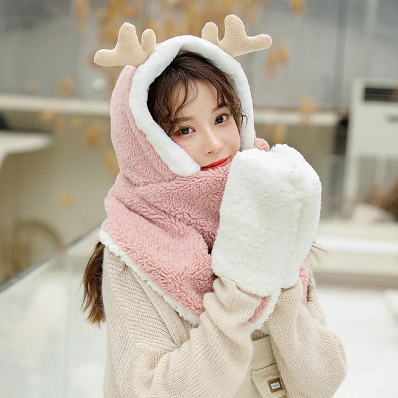 

KLV New Women Winter Warm 3 In 1 Hoodie Hat with Long Scarf Gloves Combo Cartoon Reindeer Antler Fluffy Plush Earflap Cap Mitten, Pink