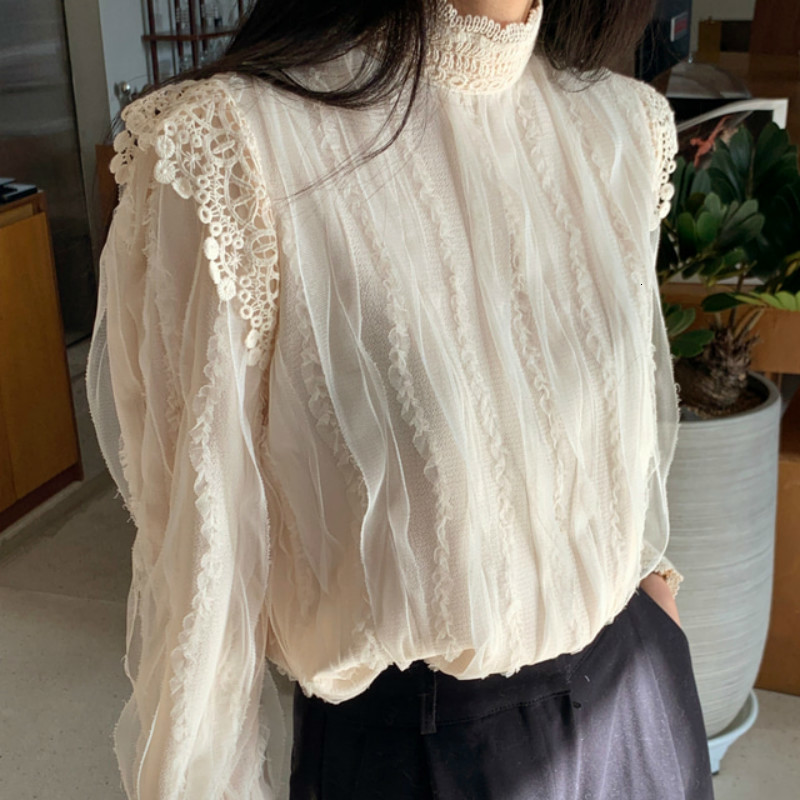 

2021 New Chiffon Fashionable Solid Shirts Jungle Mesh Puff Sleeve Women's Blouse Office Lady Autumn Tops Spring IS2R, Pink.