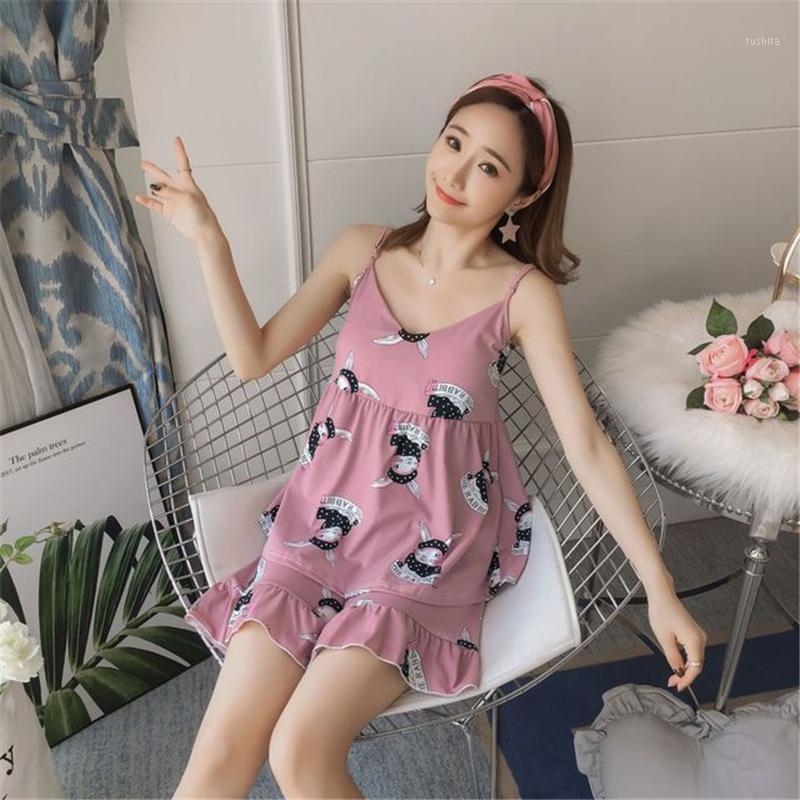 

Pajamas plus size suit new female with chest pad summer sling sweet cute girl home service cartoon camison sexy mujer 20201, Color 2