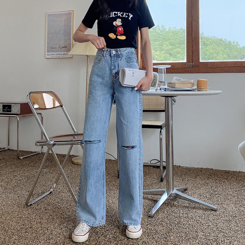 

2020 high waisted loose skinny hole straight tube wide leg jeans women' little daddy' draping mop pants, Blue