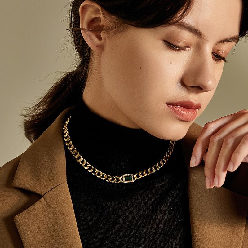 

TIMEONLY Luxury Green Crystal Choker Necklace Golden Titanium Steel Chunky Cuban Chain Hollow Necklaces for Women Accessories